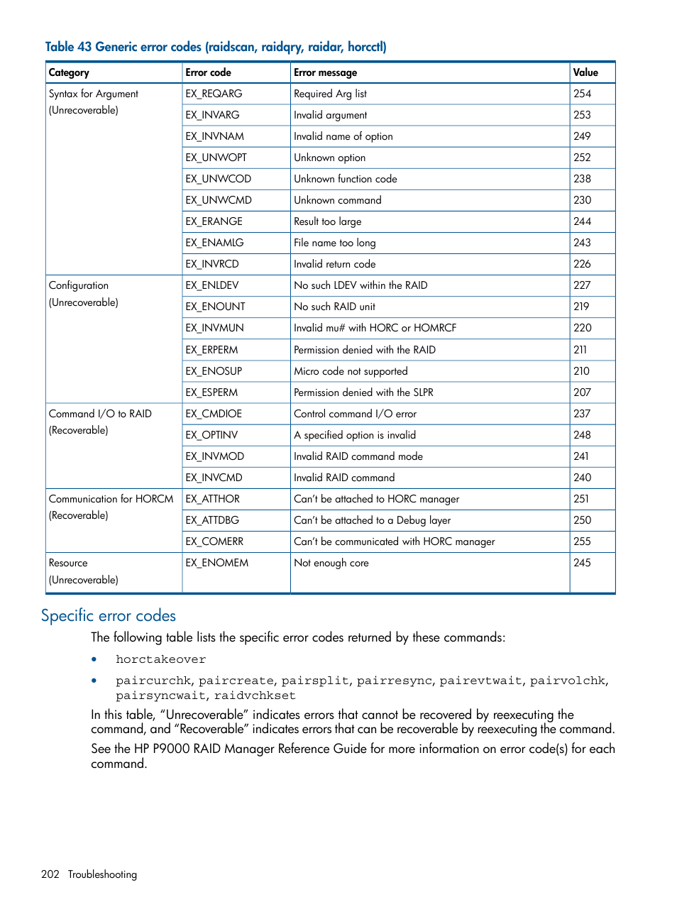 Specific error codes | HP XP RAID Manager Software User Manual | Page 202 / 274