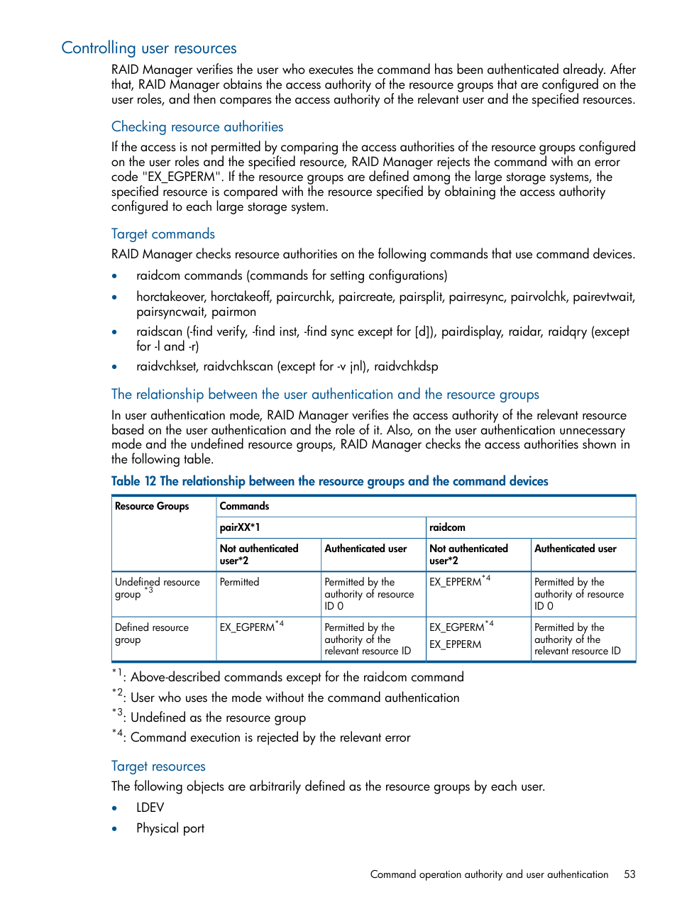 Controlling user resources, Checking resource authorities, Target commands | Target resources | HP XP RAID Manager Software User Manual | Page 53 / 274