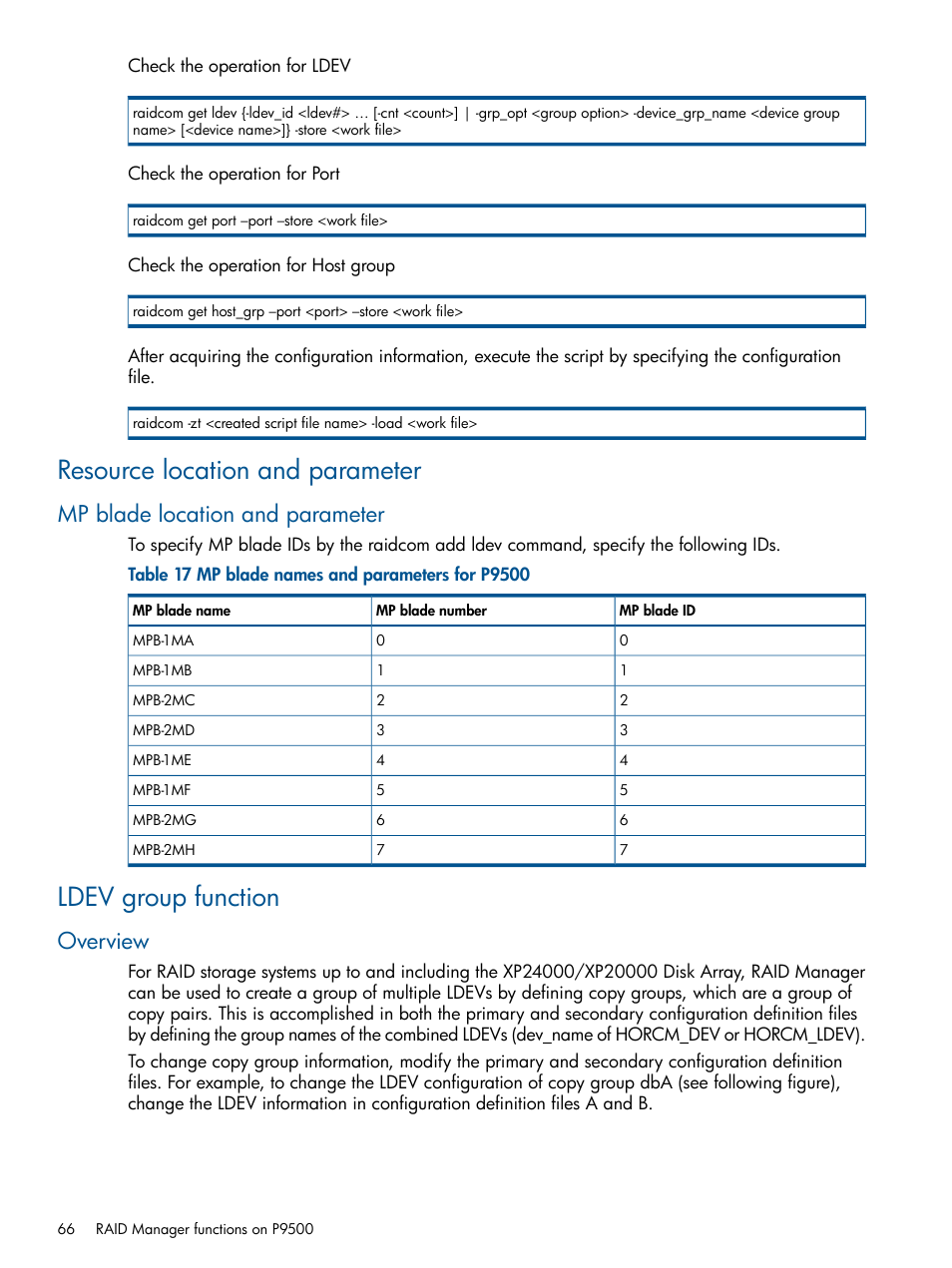 Resource location and parameter, Mp blade location and parameter, Ldev group function | Overview | HP XP RAID Manager Software User Manual | Page 66 / 274