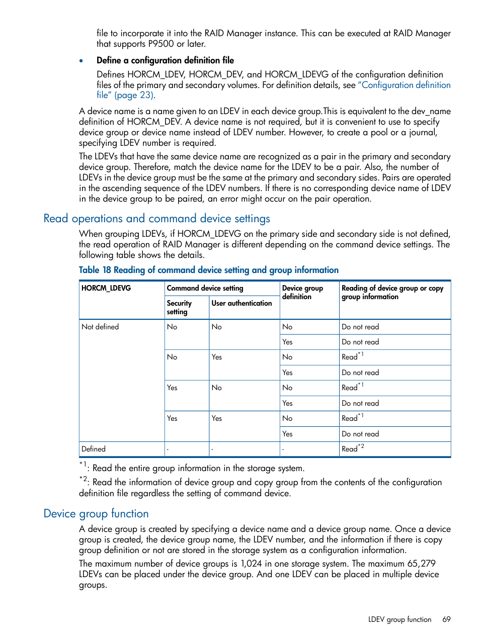 Read operations and command device settings, Device group function | HP XP RAID Manager Software User Manual | Page 69 / 274