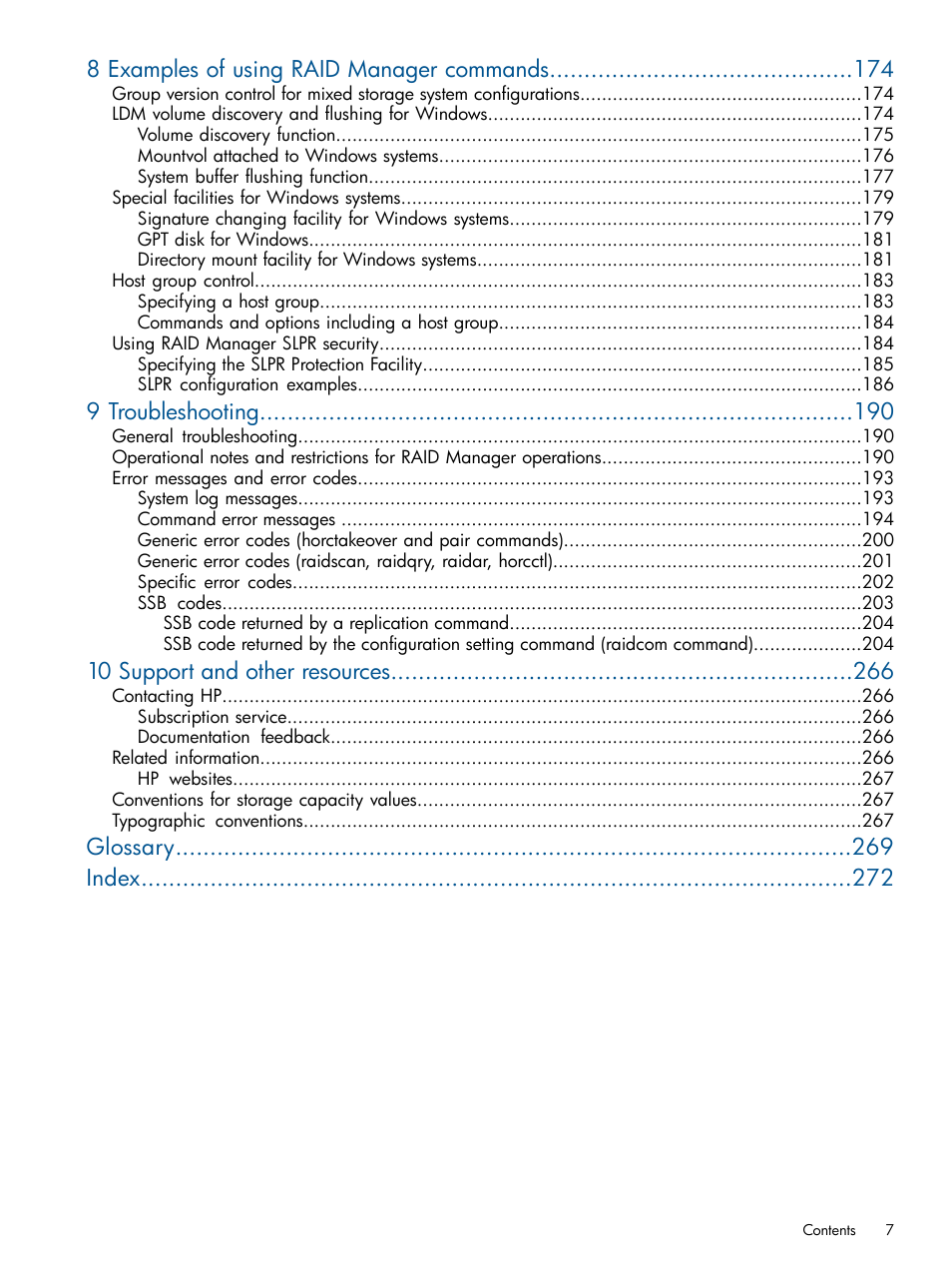 8 examples of using raid manager commands, 9 troubleshooting, 10 support and other resources | Glossary index | HP XP RAID Manager Software User Manual | Page 7 / 274