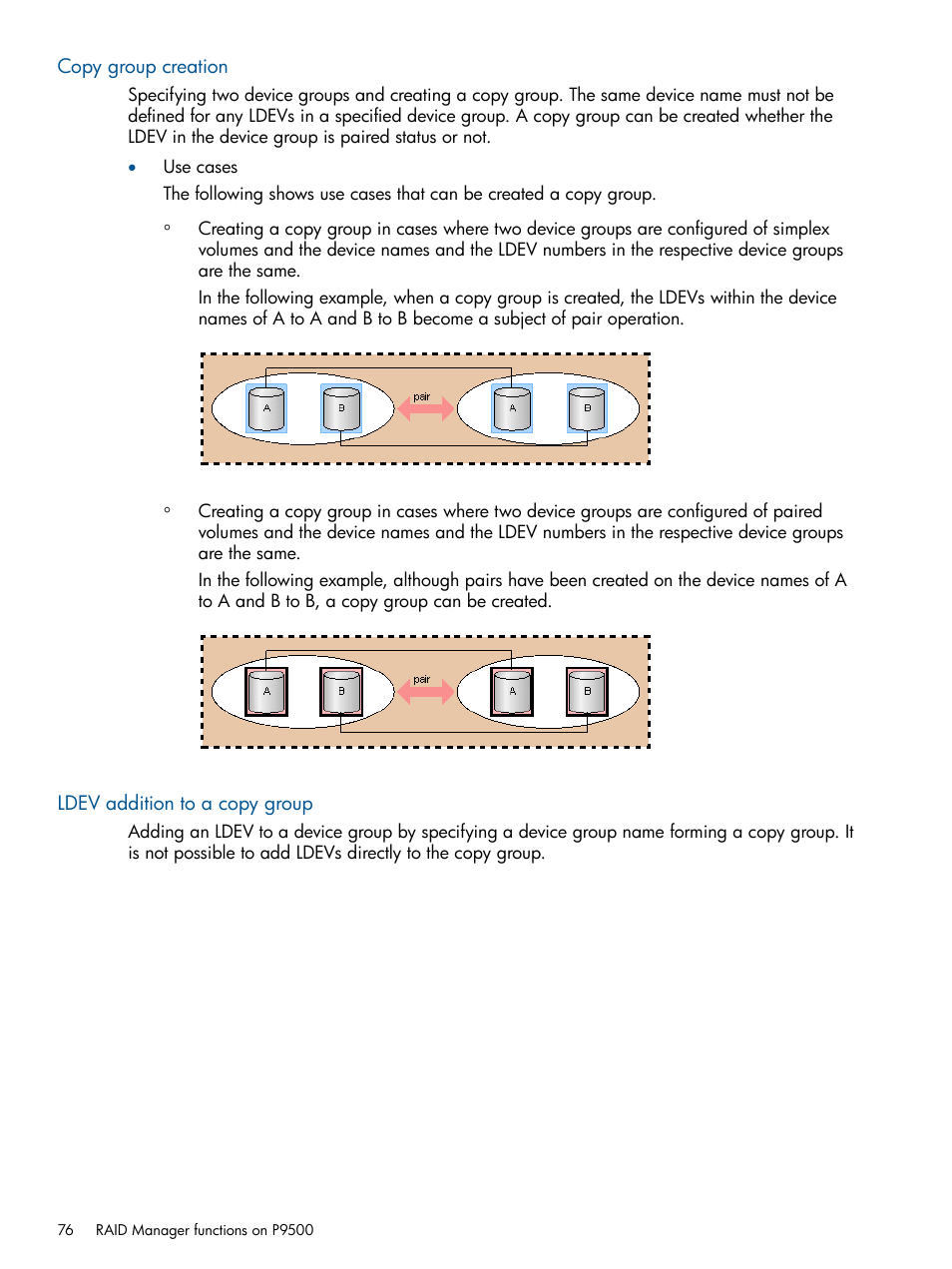 Copy group creation, Ldev addition to a copy group, Copy group creation ldev addition to a copy group | HP XP RAID Manager Software User Manual | Page 76 / 274