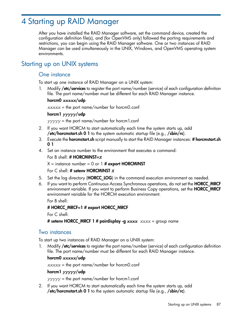 4 starting up raid manager, Starting up on unix systems, One instance | Two instances | HP XP RAID Manager Software User Manual | Page 87 / 274