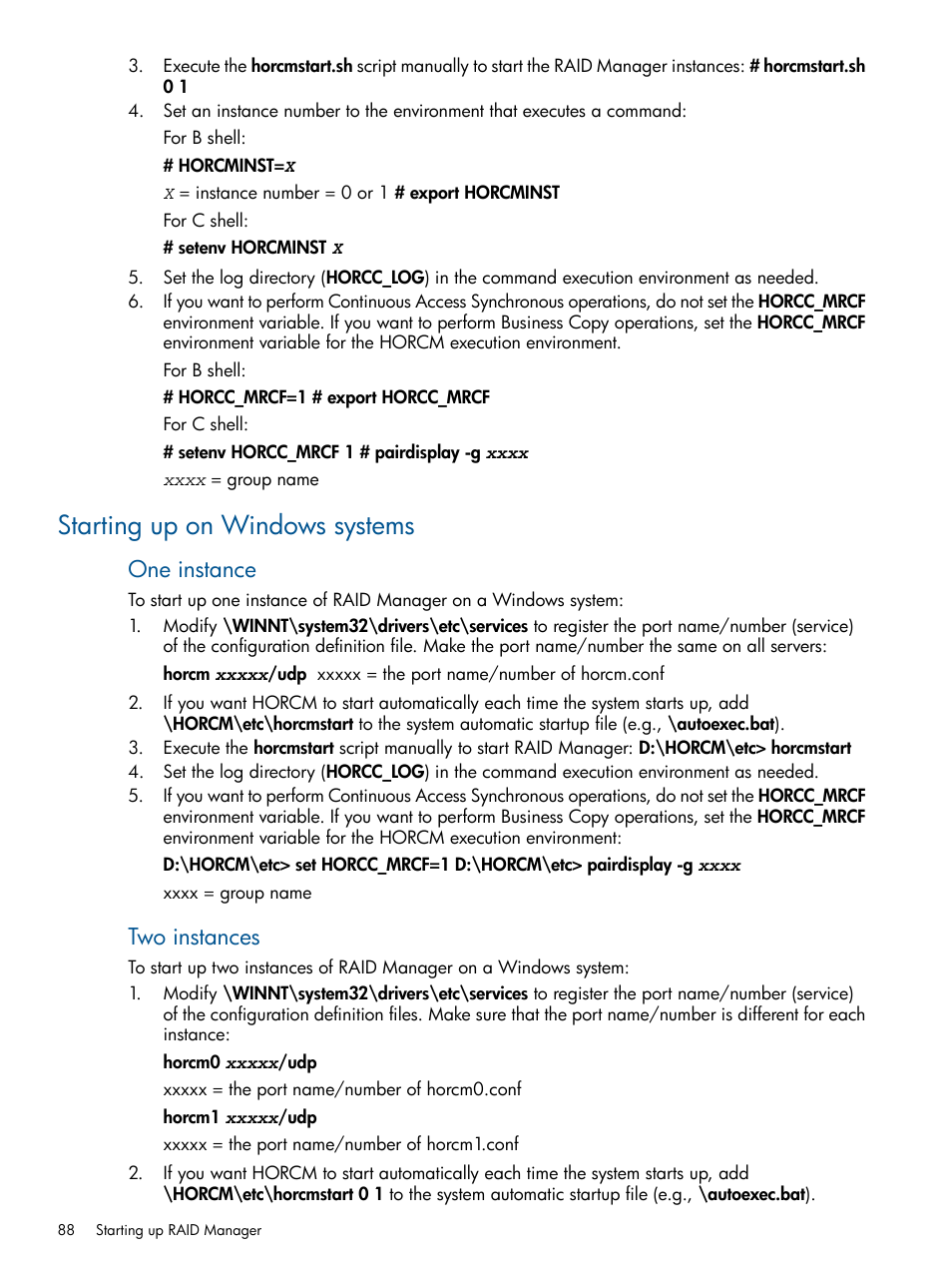 Starting up on windows systems, One instance, Two instances | HP XP RAID Manager Software User Manual | Page 88 / 274