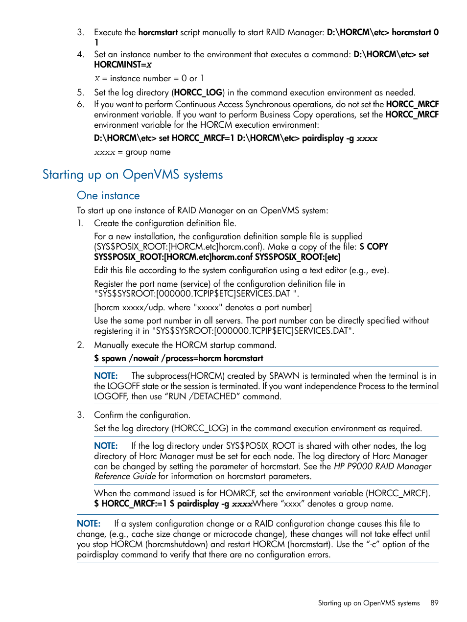 Starting up on openvms systems, One instance | HP XP RAID Manager Software User Manual | Page 89 / 274