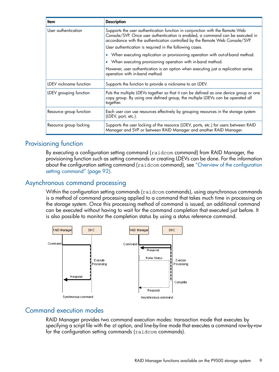 Provisioning function, Asynchronous command processing, Command execution modes | HP XP RAID Manager Software User Manual | Page 9 / 274