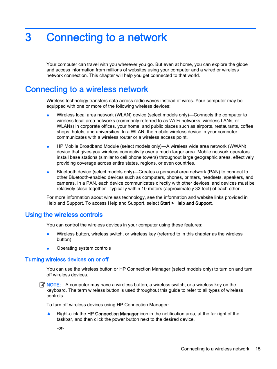 Connecting to a network, Connecting to a wireless network, Using the wireless controls | Turning wireless devices on or off, 3 connecting to a network, 3connecting to a network | HP EliteBook 755 G2 Notebook PC User Manual | Page 25 / 101