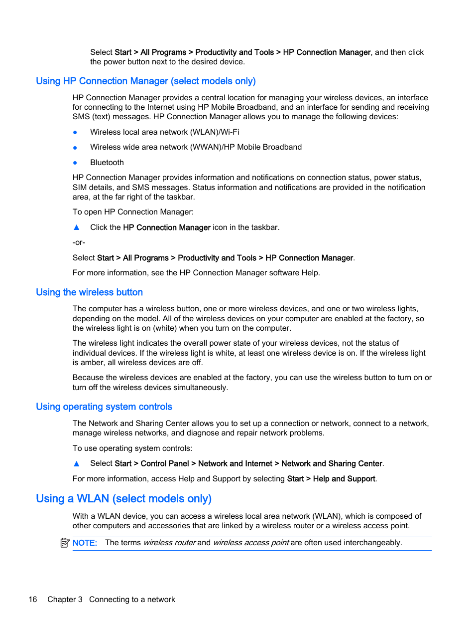 Using hp connection manager (select models only), Using the wireless button, Using operating system controls | Using a wlan (select models only) | HP EliteBook 755 G2 Notebook PC User Manual | Page 26 / 101