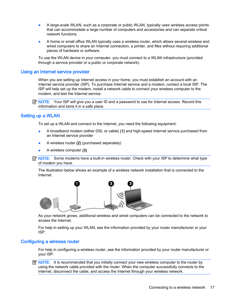 Using an internet service provider, Setting up a wlan, Configuring a wireless router | HP EliteBook 755 G2 Notebook PC User Manual | Page 27 / 101