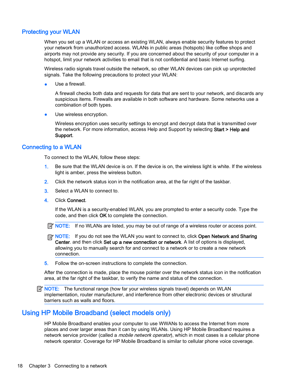 Protecting your wlan, Connecting to a wlan, Using hp mobile broadband (select models only) | Protecting your wlan connecting to a wlan | HP EliteBook 755 G2 Notebook PC User Manual | Page 28 / 101