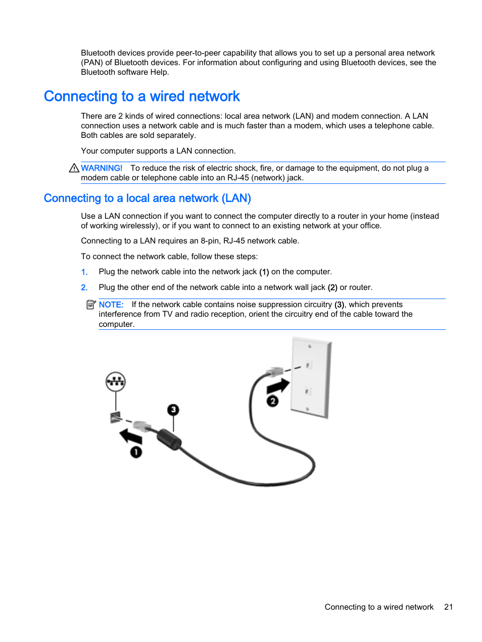 Connecting to a wired network, Connecting to a local area network (lan) | HP EliteBook 755 G2 Notebook PC User Manual | Page 31 / 101