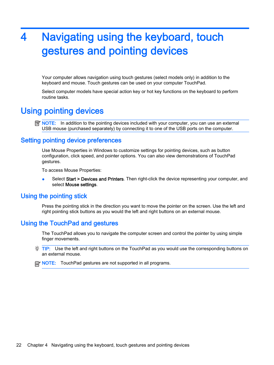 Using pointing devices, Setting pointing device preferences, Using the pointing stick | Using the touchpad and gestures, For additional information | HP EliteBook 755 G2 Notebook PC User Manual | Page 32 / 101