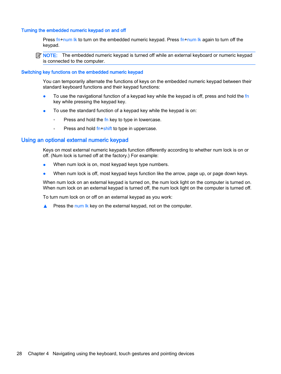 Turning the embedded numeric keypad on and off, Using an optional external numeric keypad | HP EliteBook 755 G2 Notebook PC User Manual | Page 38 / 101