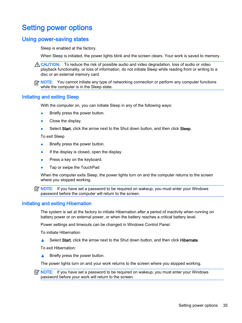 Setting power options, Using power-saving states, Initiating and exiting sleep | Initiating and exiting hibernation | HP EliteBook 755 G2 Notebook PC User Manual | Page 45 / 101