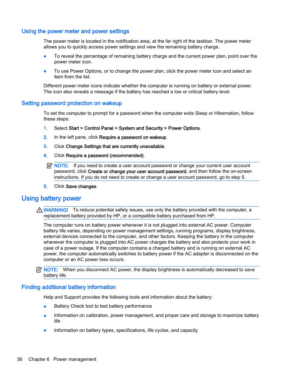 Using the power meter and power settings, Setting password protection on wakeup, Using battery power | Finding additional battery information | HP EliteBook 755 G2 Notebook PC User Manual | Page 46 / 101