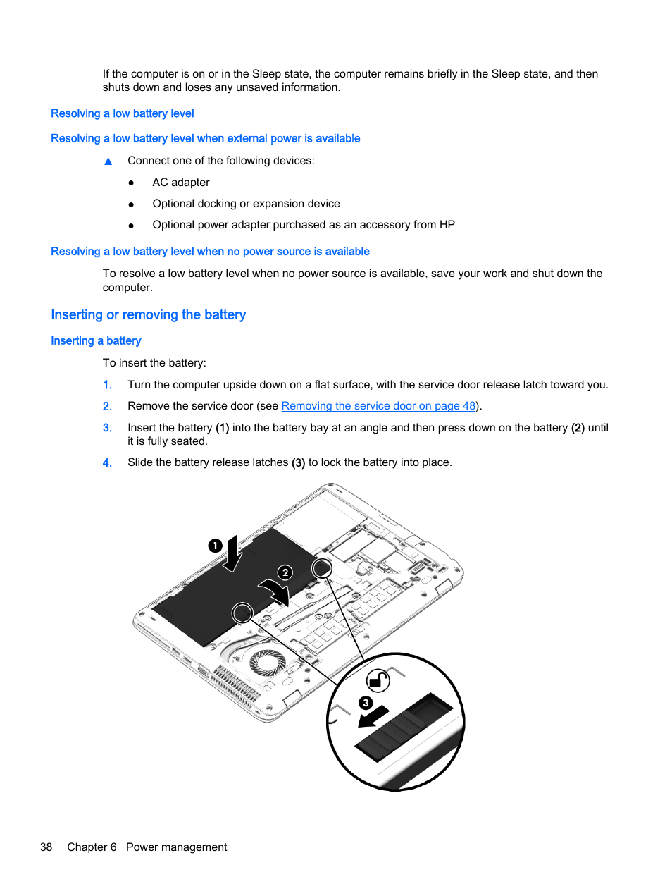 Resolving a low battery level, Inserting or removing the battery, Inserting a battery | HP EliteBook 755 G2 Notebook PC User Manual | Page 48 / 101