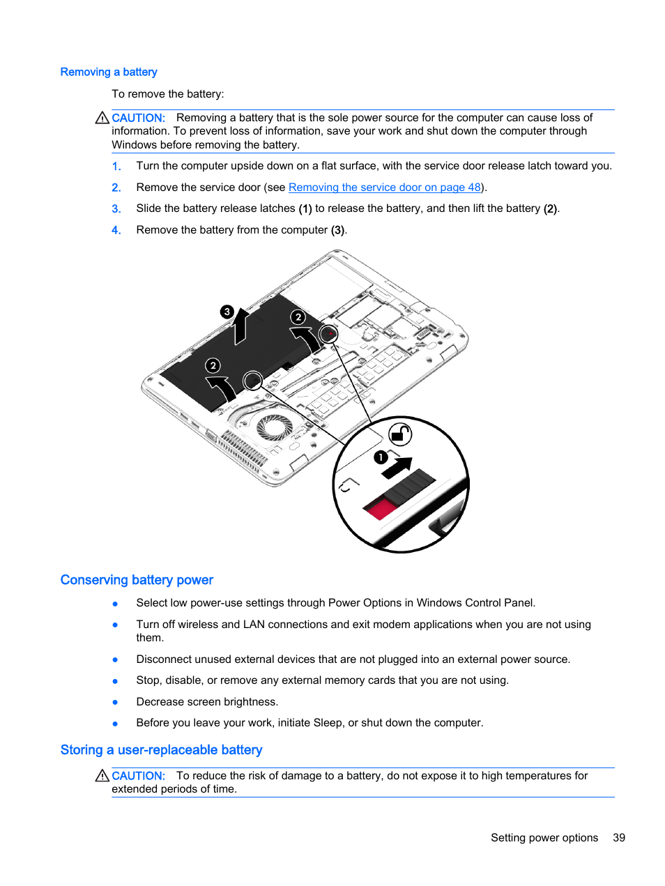 Removing a battery, Conserving battery power, Storing a user-replaceable battery | HP EliteBook 755 G2 Notebook PC User Manual | Page 49 / 101