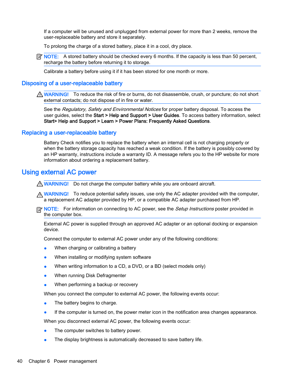 Disposing of a user-replaceable battery, Replacing a user-replaceable battery, Using external ac power | HP EliteBook 755 G2 Notebook PC User Manual | Page 50 / 101