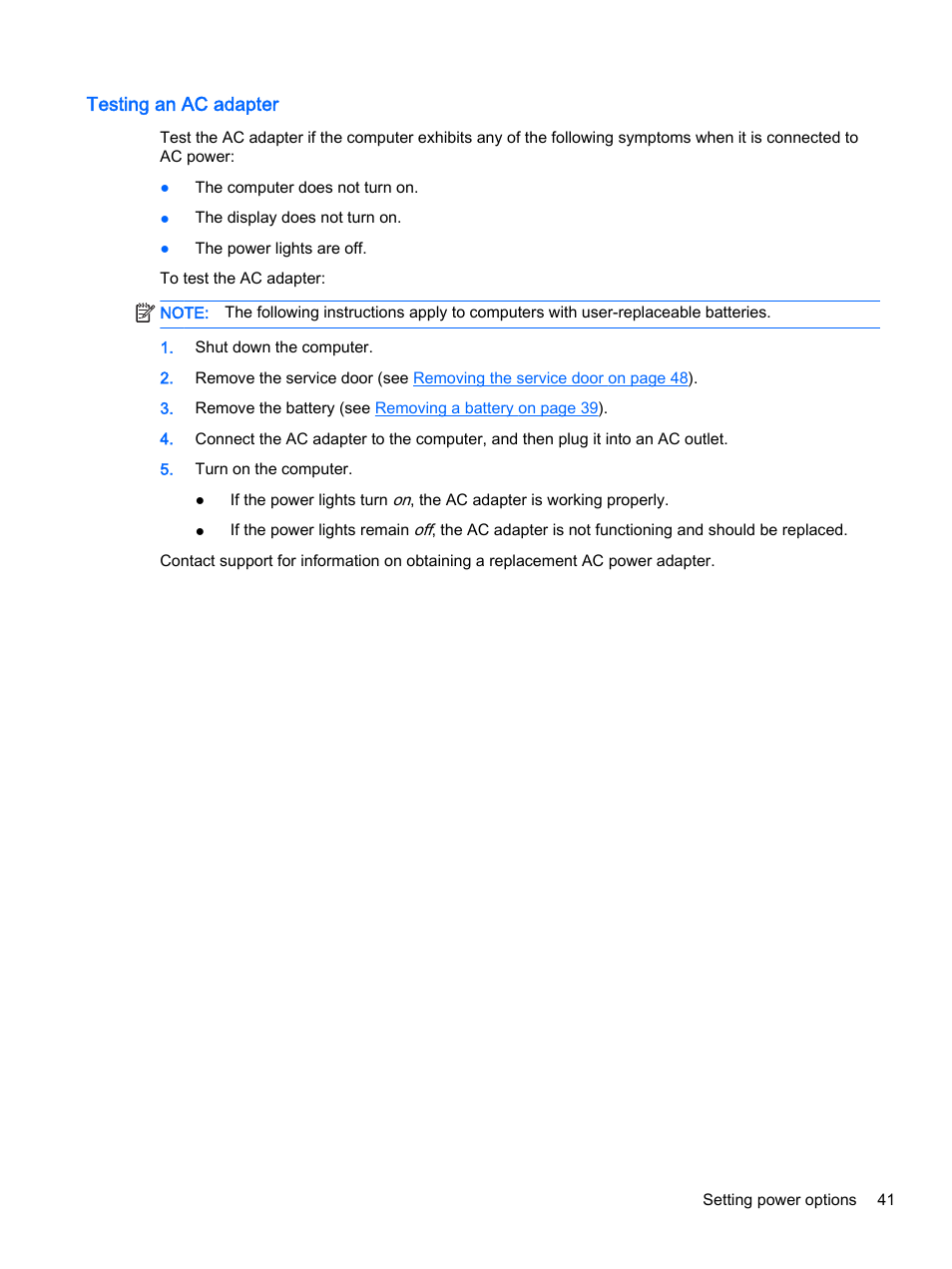 Testing an ac adapter | HP EliteBook 755 G2 Notebook PC User Manual | Page 51 / 101