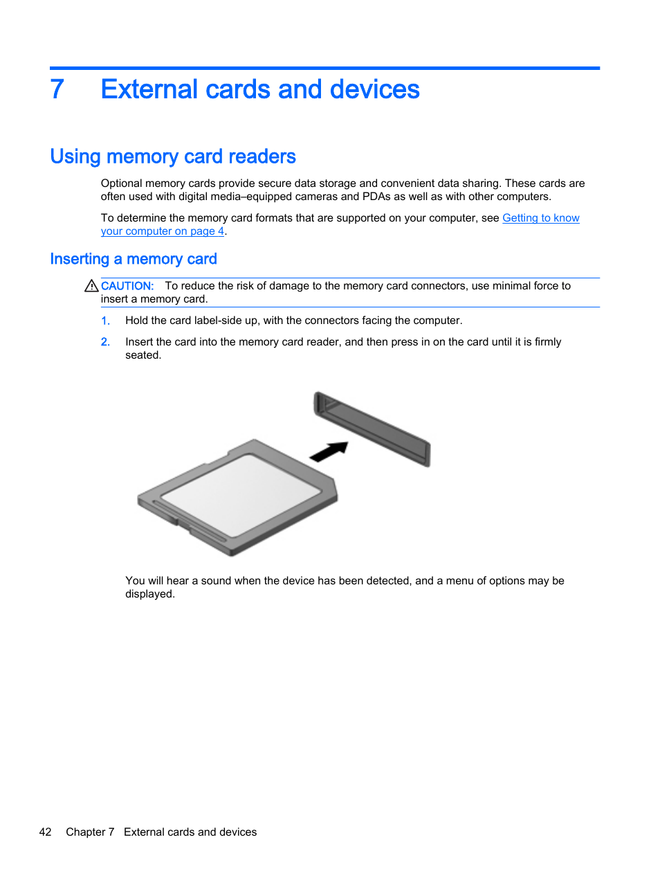 External cards and devices, Using memory card readers, Inserting a memory card | 7 external cards and devices, 7external cards and devices | HP EliteBook 755 G2 Notebook PC User Manual | Page 52 / 101