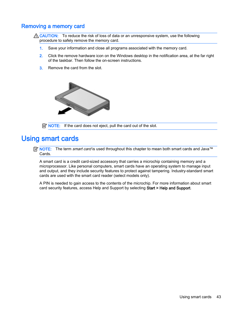 Removing a memory card, Using smart cards | HP EliteBook 755 G2 Notebook PC User Manual | Page 53 / 101