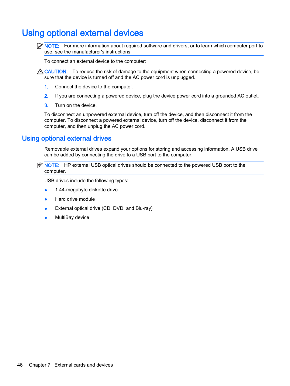 Using optional external devices, Using optional external drives | HP EliteBook 755 G2 Notebook PC User Manual | Page 56 / 101