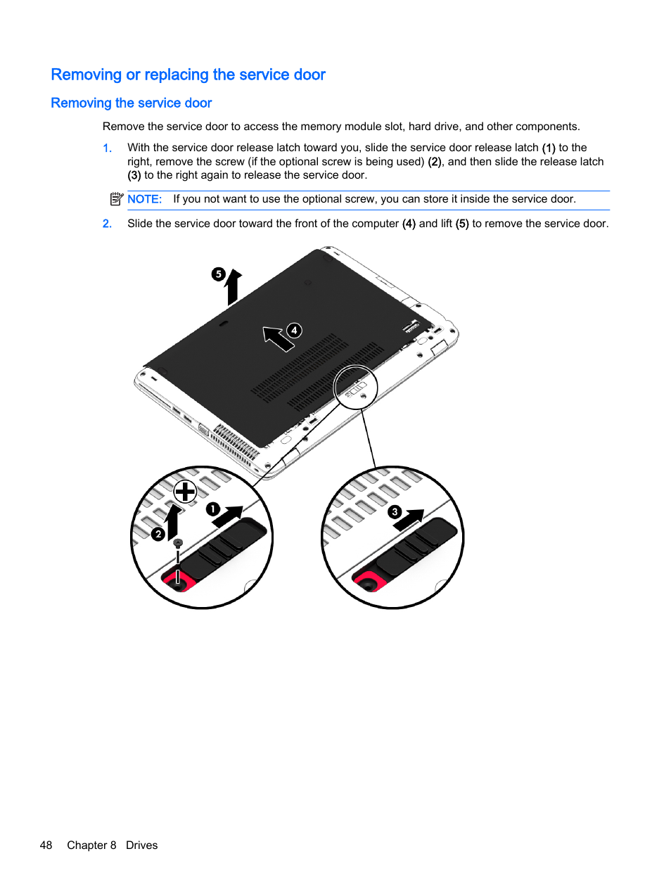 Removing or replacing the service door, Removing the service door | HP EliteBook 755 G2 Notebook PC User Manual | Page 58 / 101