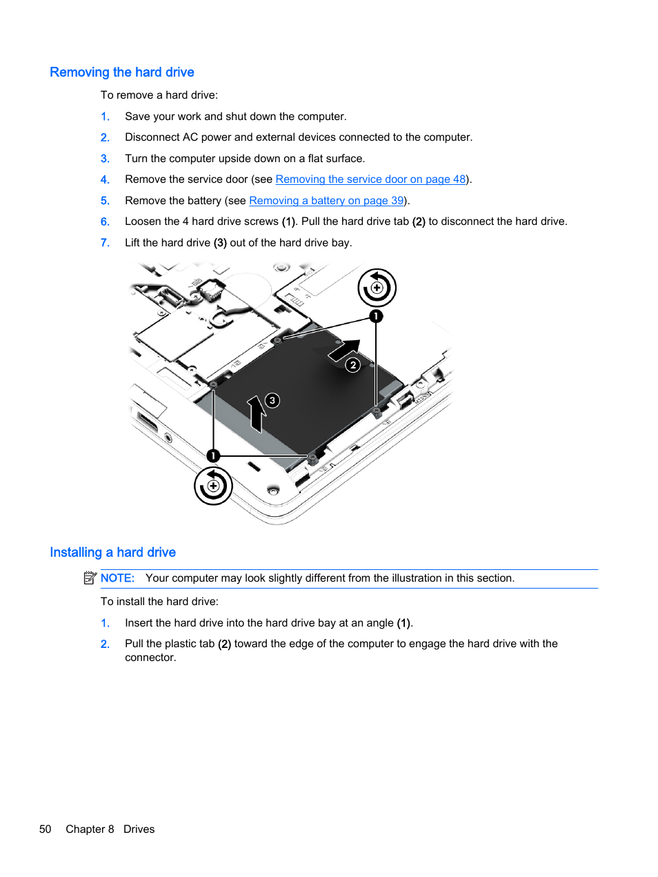 Removing the hard drive, Installing a hard drive, Removing the hard drive installing a hard drive | HP EliteBook 755 G2 Notebook PC User Manual | Page 60 / 101