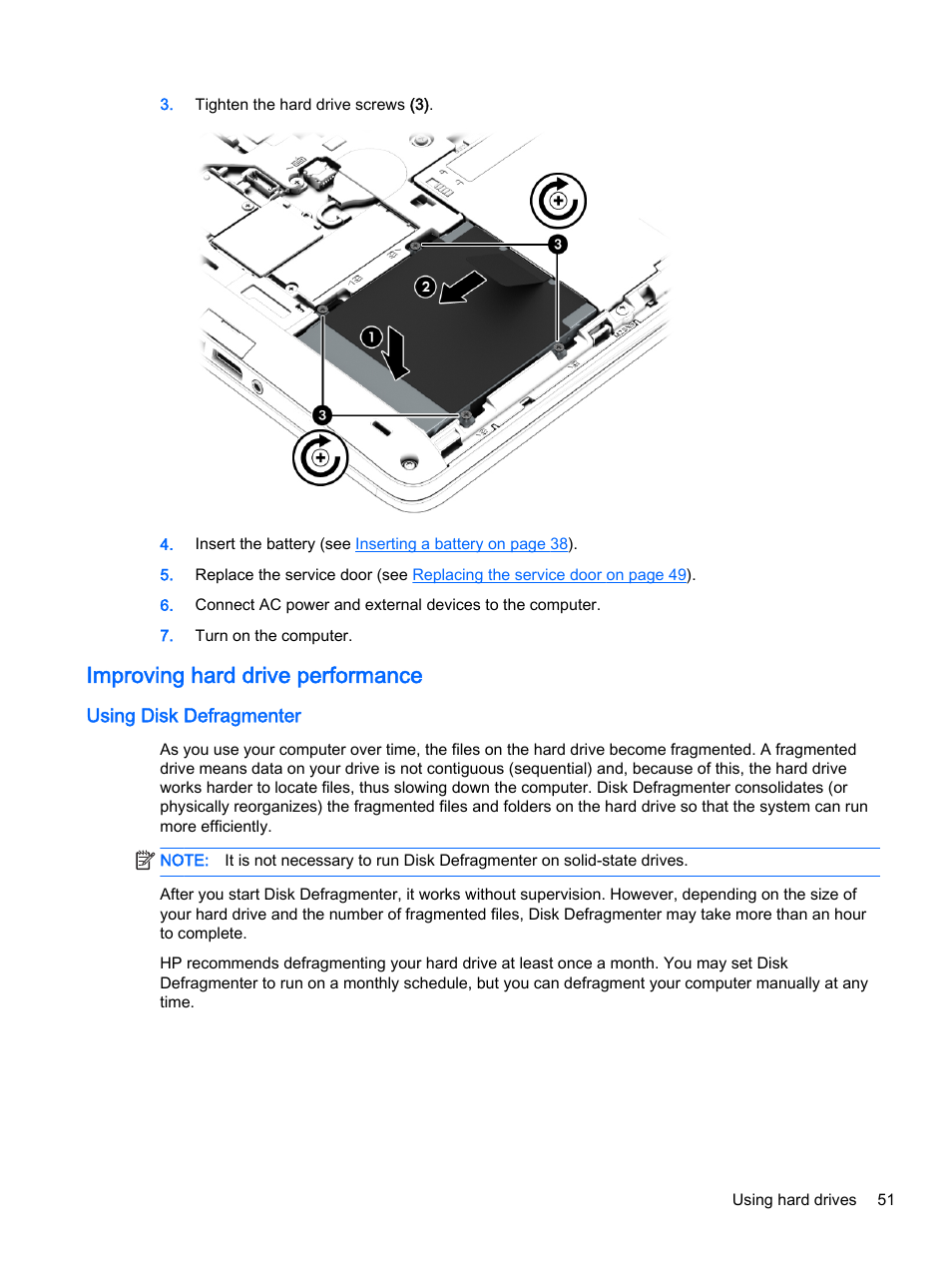 Improving hard drive performance, Using disk defragmenter | HP EliteBook 755 G2 Notebook PC User Manual | Page 61 / 101