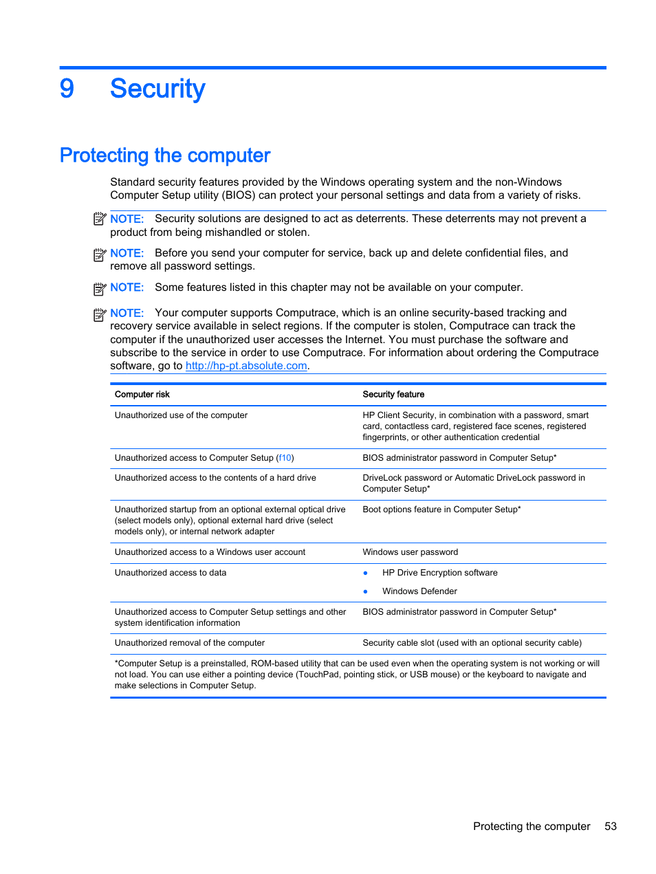 Security, Protecting the computer, 9 security | 9security | HP EliteBook 755 G2 Notebook PC User Manual | Page 63 / 101