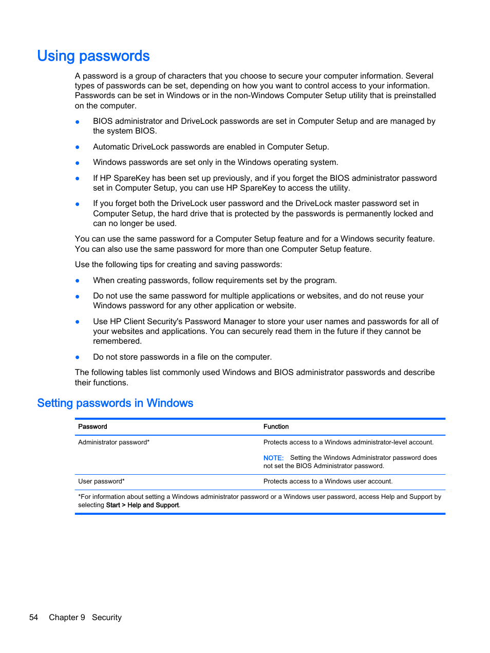 Using passwords, Setting passwords in windows | HP EliteBook 755 G2 Notebook PC User Manual | Page 64 / 101