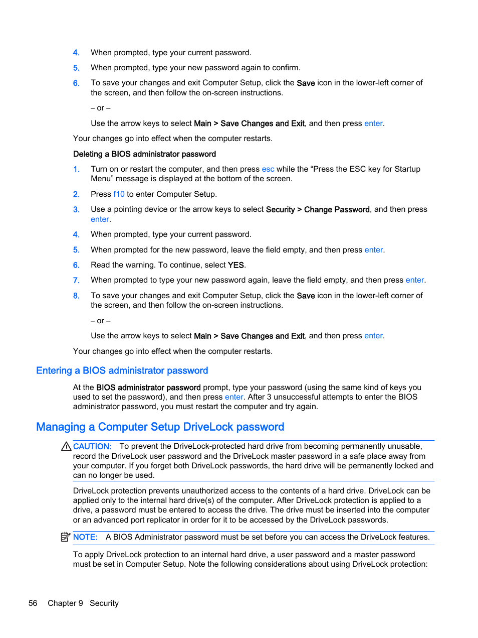 Entering a bios administrator password, Managing a computer setup drivelock password | HP EliteBook 755 G2 Notebook PC User Manual | Page 66 / 101