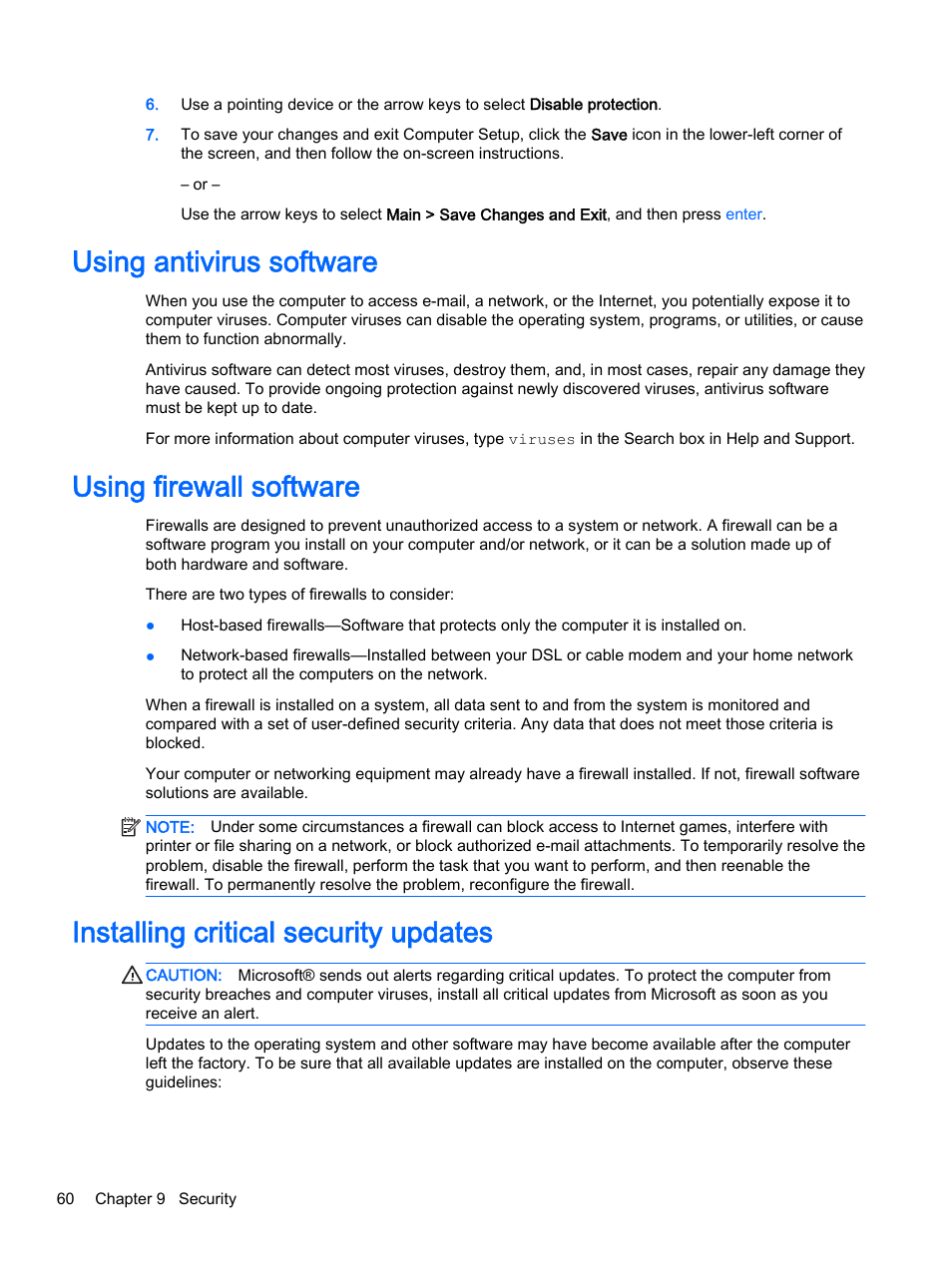 Using antivirus software, Using firewall software, Installing critical security updates | HP EliteBook 755 G2 Notebook PC User Manual | Page 70 / 101