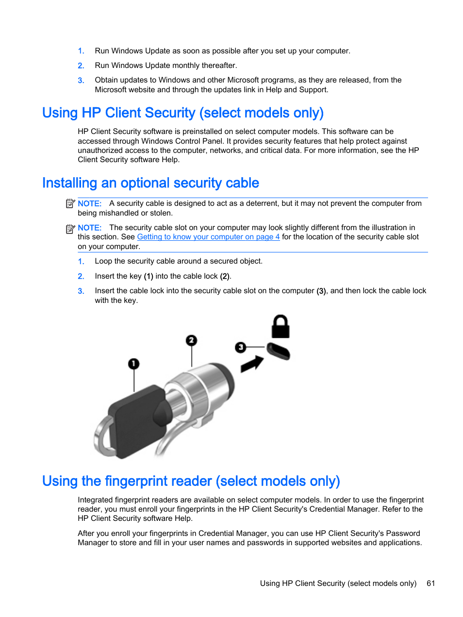 Using hp client security (select models only), Installing an optional security cable, Using the fingerprint reader (select models only) | HP EliteBook 755 G2 Notebook PC User Manual | Page 71 / 101