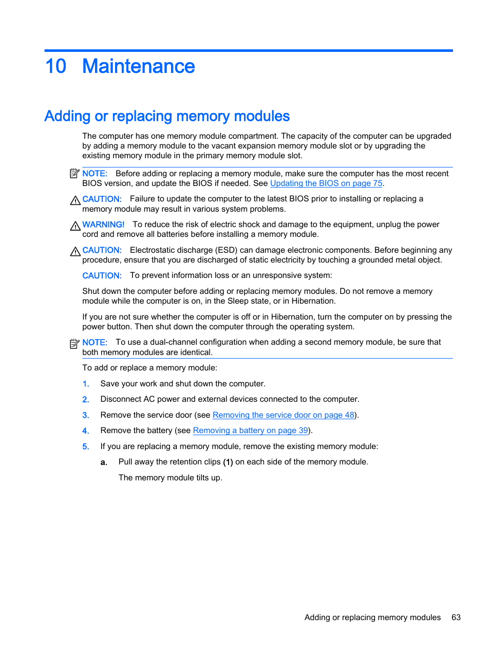 Maintenance, Adding or replacing memory modules, 10 maintenance | HP EliteBook 755 G2 Notebook PC User Manual | Page 73 / 101
