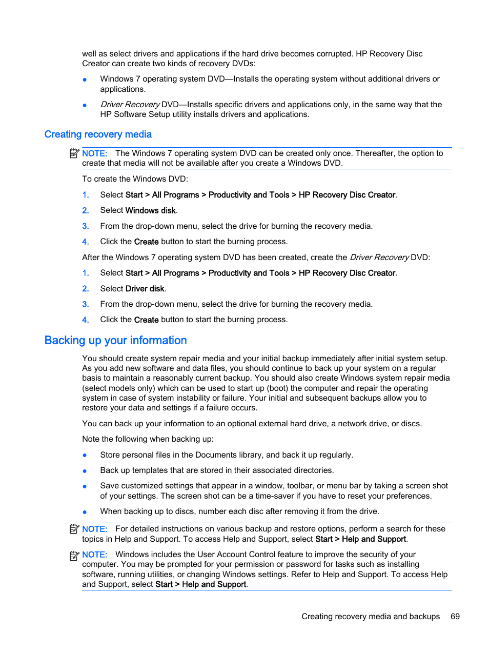 Creating recovery media, Backing up your information | HP EliteBook 755 G2 Notebook PC User Manual | Page 79 / 101