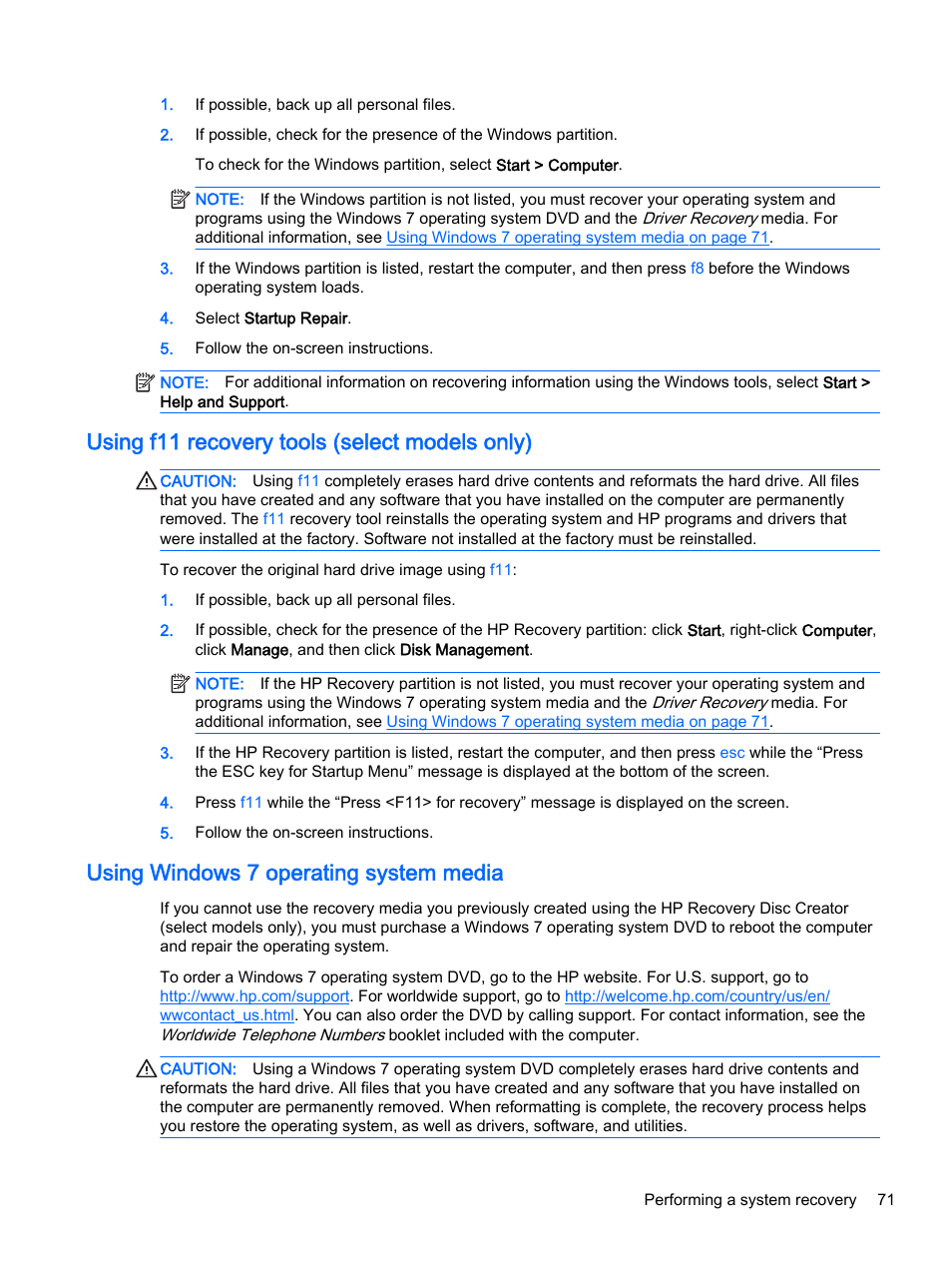 Using f11 recovery tools (select models only), Using windows 7 operating system media, Using | HP EliteBook 755 G2 Notebook PC User Manual | Page 81 / 101