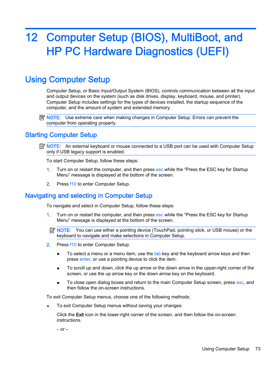 Using computer setup, Starting computer setup, Navigating and selecting in computer setup | HP EliteBook 755 G2 Notebook PC User Manual | Page 83 / 101