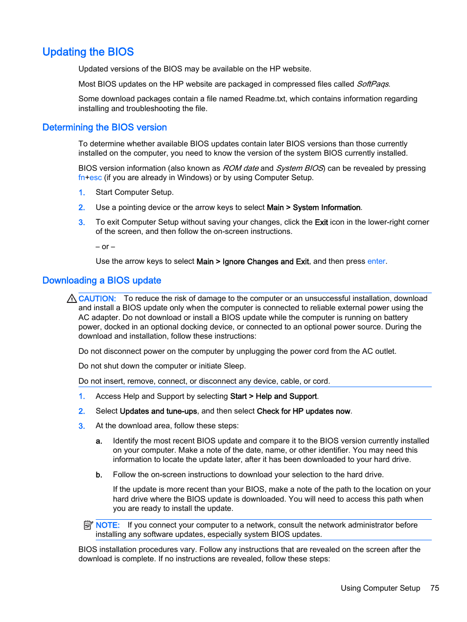 Updating the bios, Determining the bios version, Downloading a bios update | HP EliteBook 755 G2 Notebook PC User Manual | Page 85 / 101