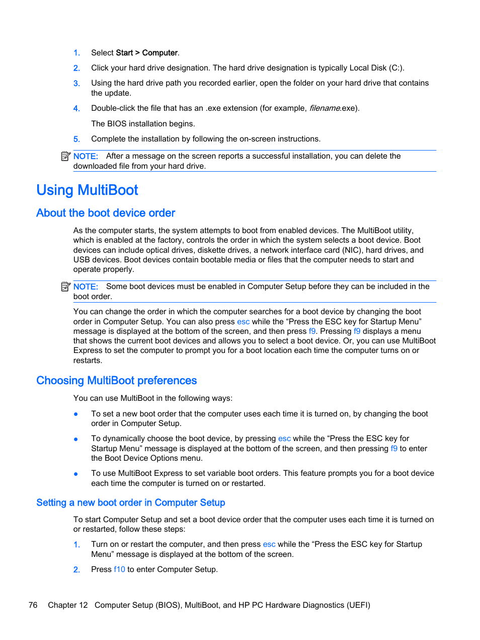 Using multiboot, About the boot device order, Choosing multiboot preferences | Setting a new boot order in computer setup | HP EliteBook 755 G2 Notebook PC User Manual | Page 86 / 101