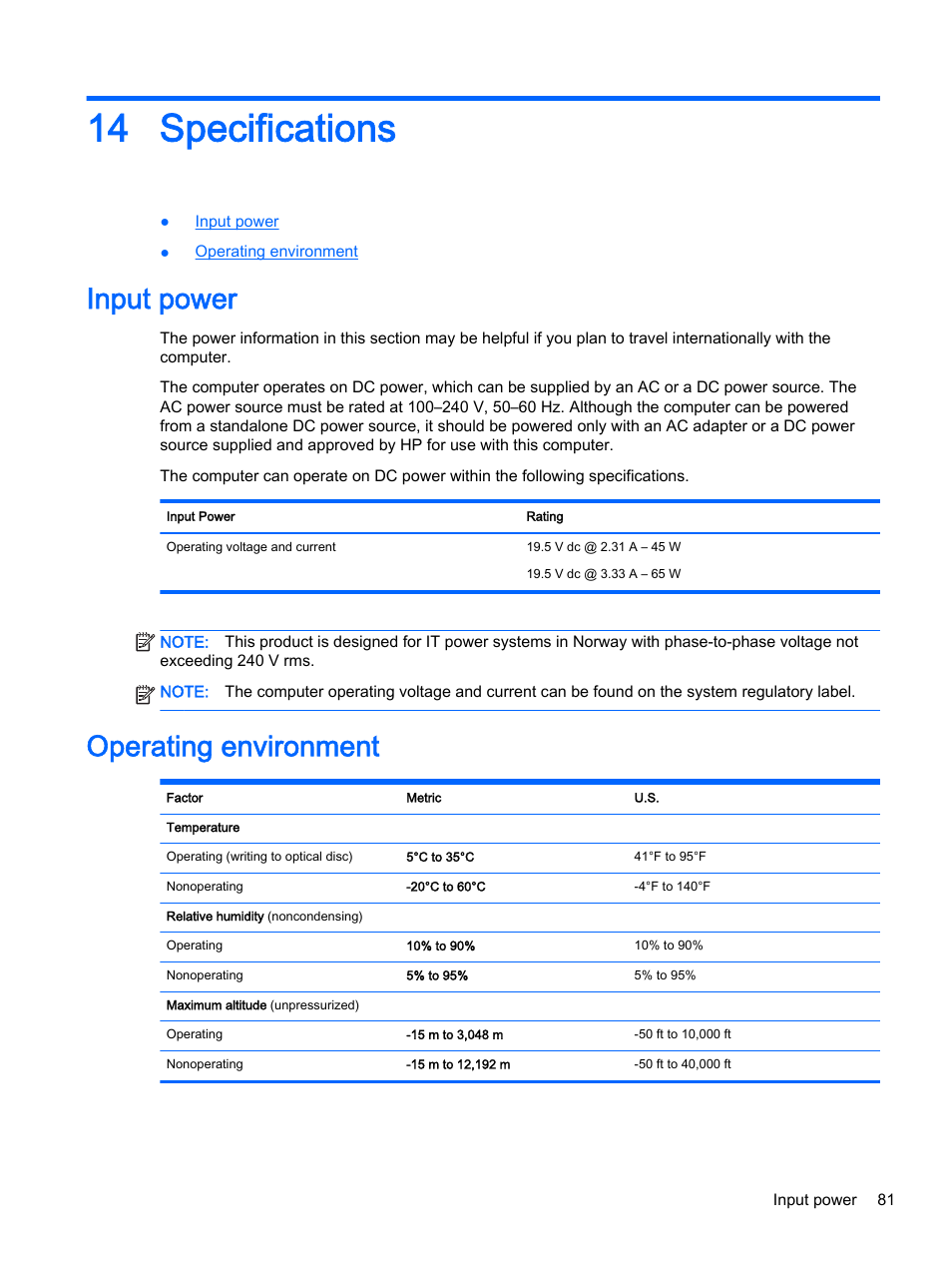 Specifications, Input power, Operating environment | 14 specifications, Input power operating environment | HP EliteBook 755 G2 Notebook PC User Manual | Page 91 / 101