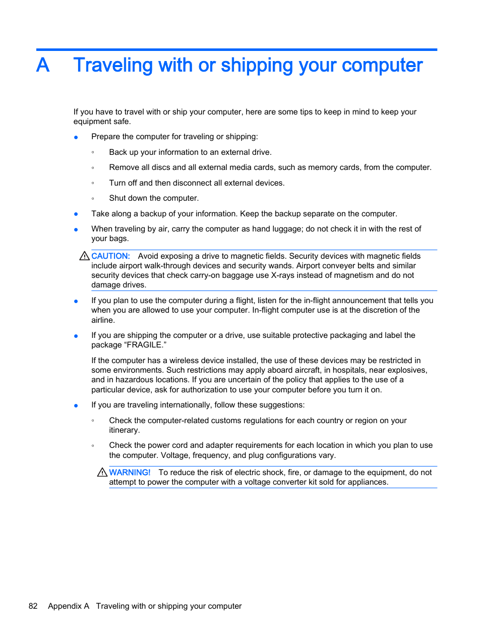 Traveling with or shipping your computer, A traveling with or shipping your computer | HP EliteBook 755 G2 Notebook PC User Manual | Page 92 / 101