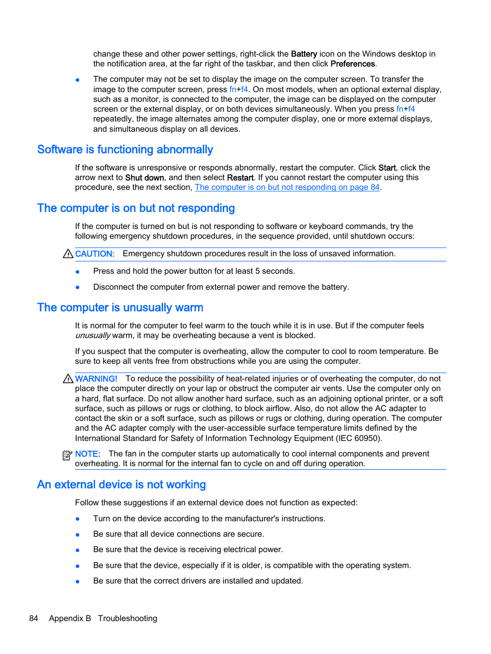 Software is functioning abnormally, The computer is on but not responding, The computer is unusually warm | An external device is not working | HP EliteBook 755 G2 Notebook PC User Manual | Page 94 / 101