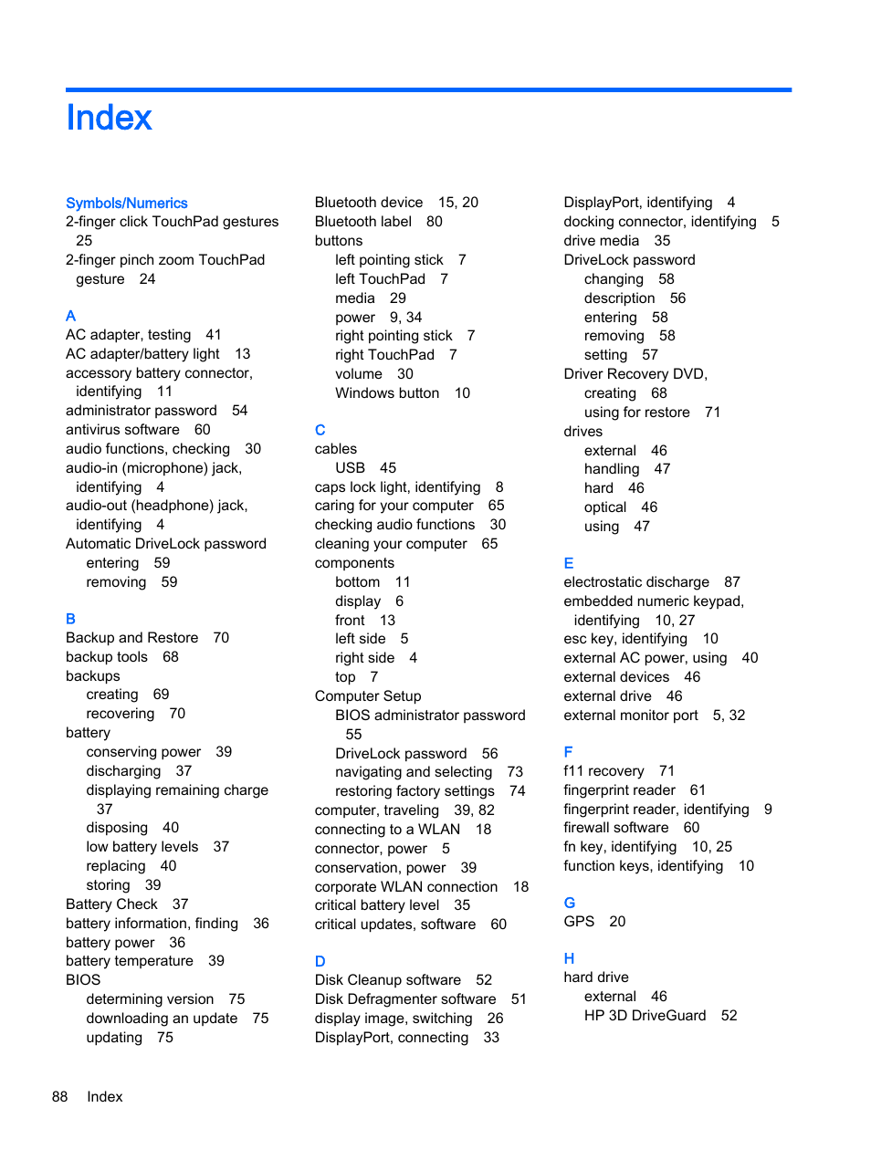Index | HP EliteBook 755 G2 Notebook PC User Manual | Page 98 / 101