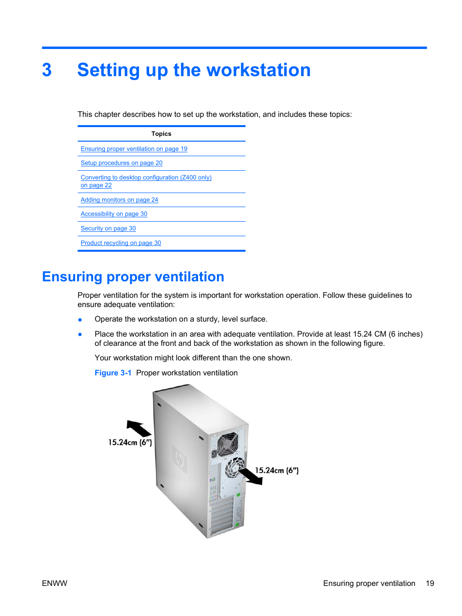 Setting up the workstation, Ensuring proper ventilation, 3 setting up the workstation | 3setting up the workstation | HP Z400 Workstation User Manual | Page 27 / 76