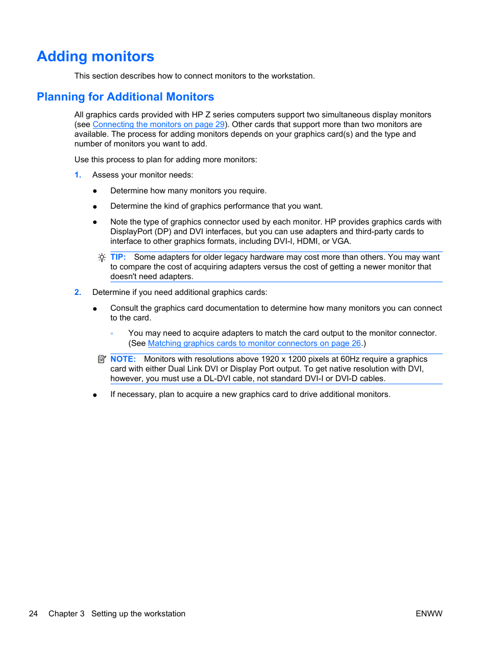 Adding monitors, Planning for additional monitors | HP Z400 Workstation User Manual | Page 32 / 76