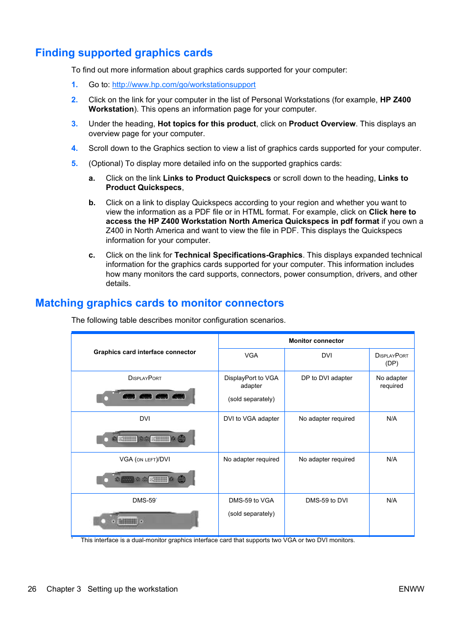 Finding supported graphics cards, Matching graphics cards to monitor connectors, Finding supported graphics | HP Z400 Workstation User Manual | Page 34 / 76