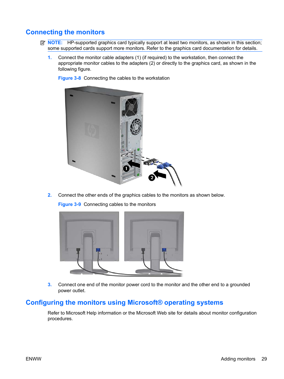 Connecting the monitors, Configuring the monitors using microsoft | HP Z400 Workstation User Manual | Page 37 / 76