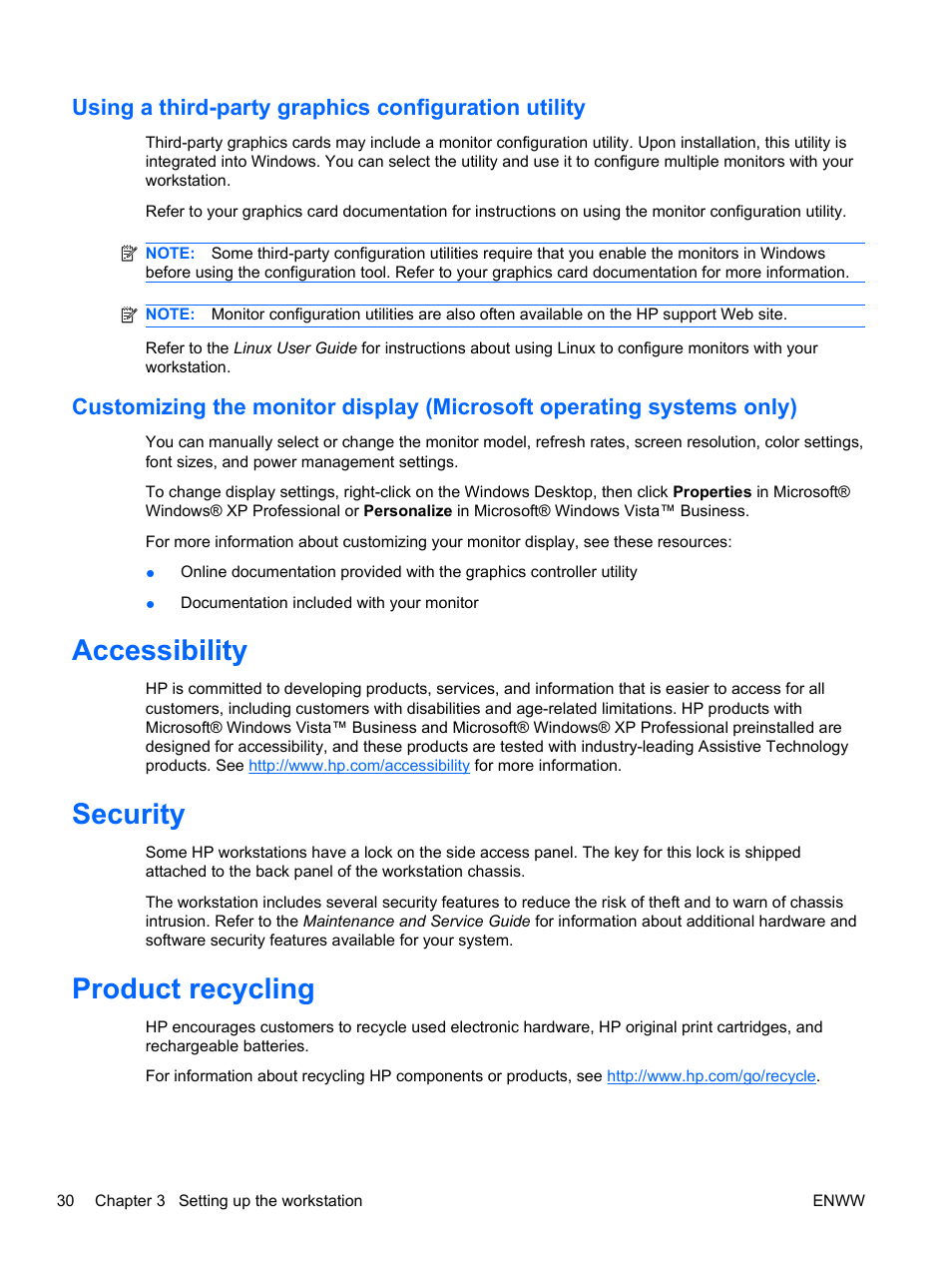 Using a third-party graphics configuration utility, Accessibility, Security | Product recycling, Accessibility security product recycling, Using a third | HP Z400 Workstation User Manual | Page 38 / 76