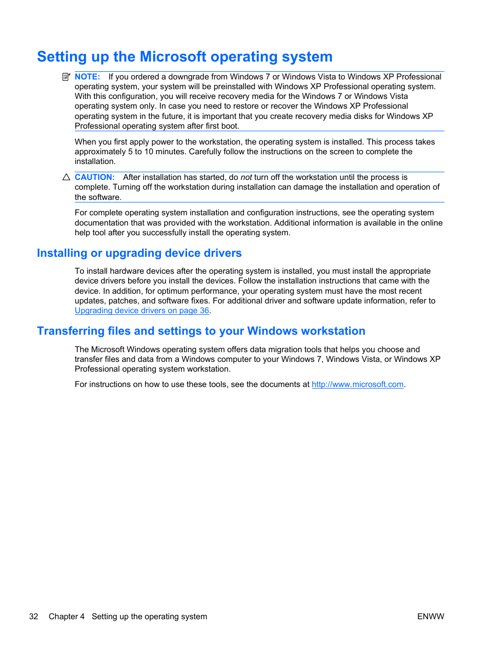 Setting up the microsoft operating system, Installing or upgrading device drivers | HP Z400 Workstation User Manual | Page 40 / 76